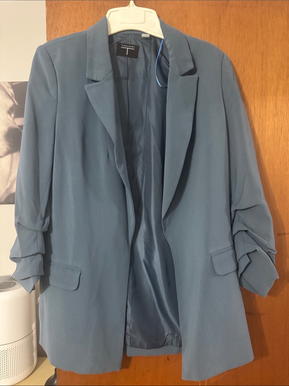 Tahari Dusty Blue Open-Front Blazer with Ruched Sleeves